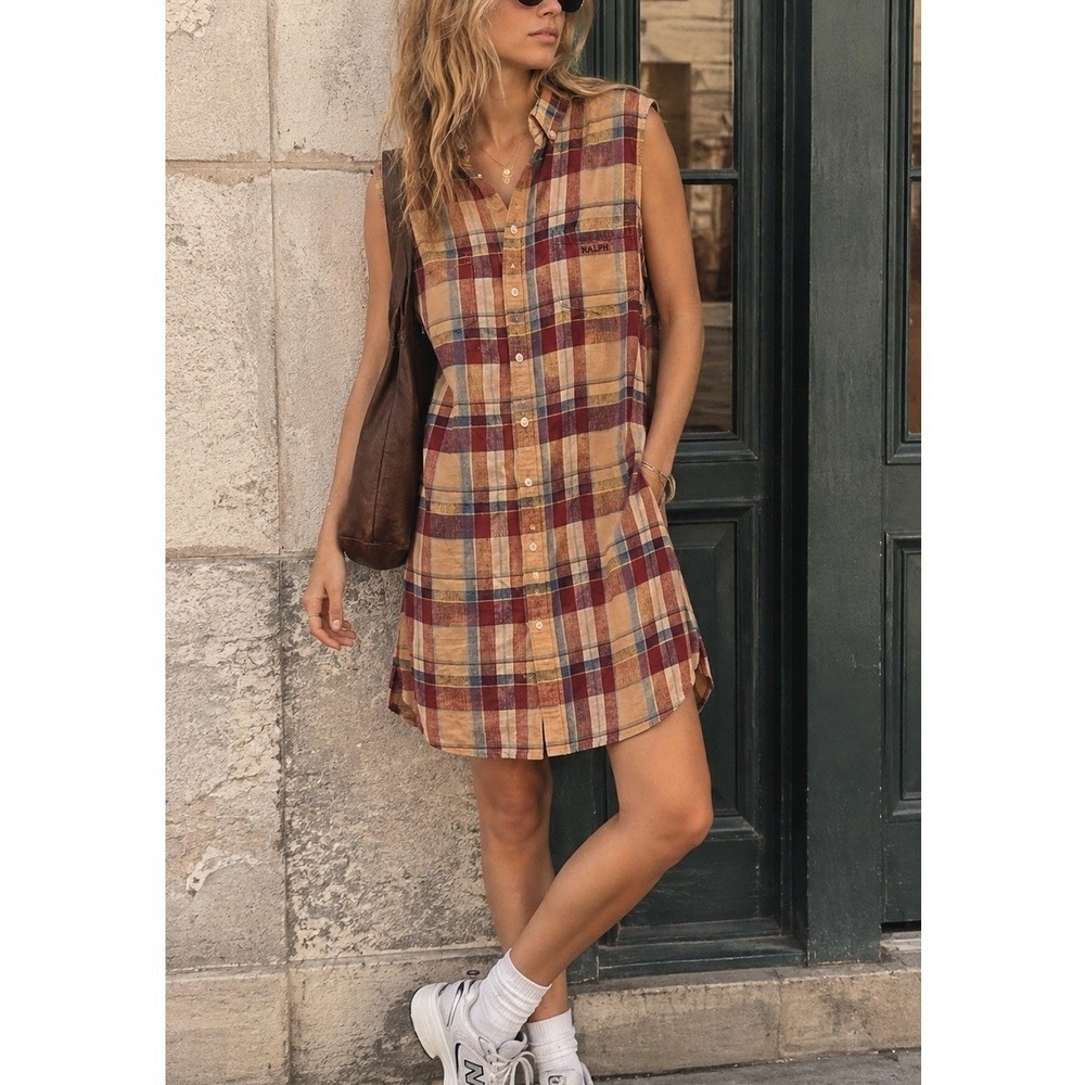 Vintage Ralph Lauren Linen Plaid Sleeveless Shirt Dress Orange Red 90s- L